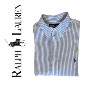 Ralph Lauren Men’s XL 17-35 Yarmouth Blue White Stripped Long Sleeve Button Up